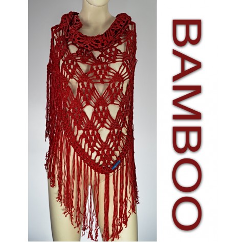 handmade crochet Shawl on bamboo 100% red with fringes